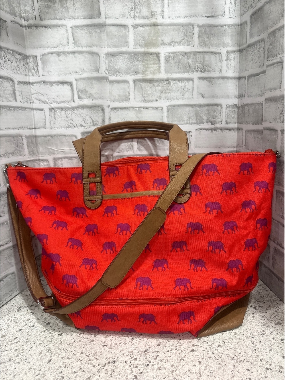 Stella & Dot Red and Purple Elephant Print Weekender Bag
